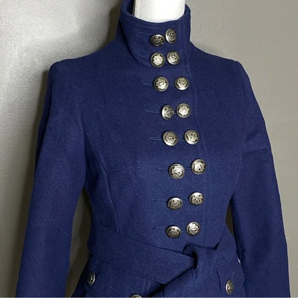 Free People Blue Peplum Military Style Pea Coat Jacket Wool Size 4 - Picture 3 of 16